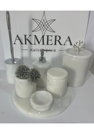 Akmera Elite 7 Parça %100 Gerçek Mermer Banyo Seti Beyaz