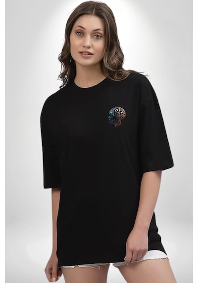 Robot Kafası Kız Siyah Oversize Unisex Ön Sol Yan Minimal Baskılı Tişört Koyu Siyah