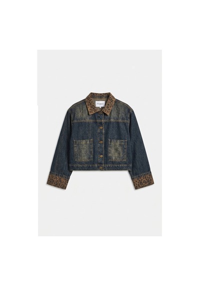 Kadın T.kot Rengi 2w6-8 Oversize Kemer Boy Leopar Detaylı Tasarım Denim Ceket