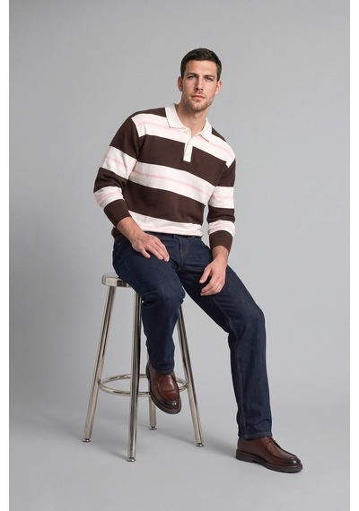 Defacto Relaxed Fit Çizgili Polo Yaka Triko Kazak H7670ax26aubn337 Kahve-bn337