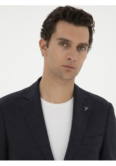 Cacharel Koyu Lacivert Slim Fit Mikro Desenli Yün Karışımlı Ceket