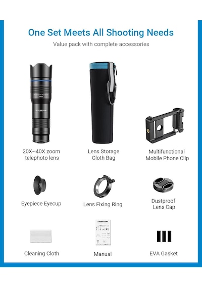 Apexel 20-40x Akıllı Telefon Telefoto Lens Kiti Tanımlandığı Gibi