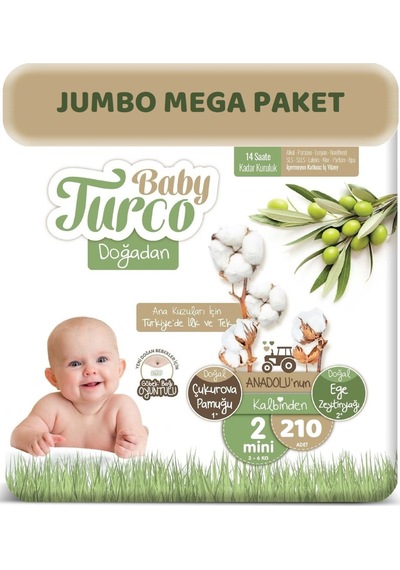 Baby Turco Bebek Bezi Doğadan Beden:2 3-6kg Mini 210 Adet Jumbo 2 Numara