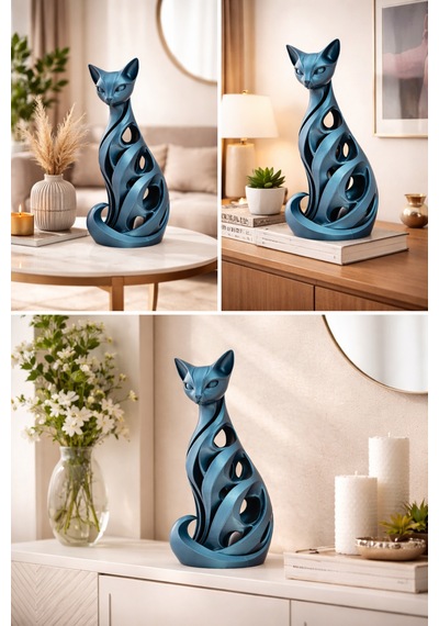 Modern Gümüş Kedi Biblo Lüks Dekoratif Obje, Minimalist Ev Süsü Hediyelik