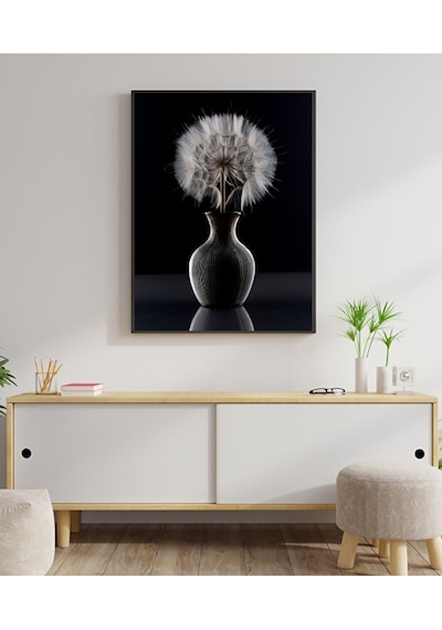 Tablo Ahşap Çerçeveli Tablo Çerçeveli Poster Siyah Vazoda Karahindiba Çiçeği Tablosu