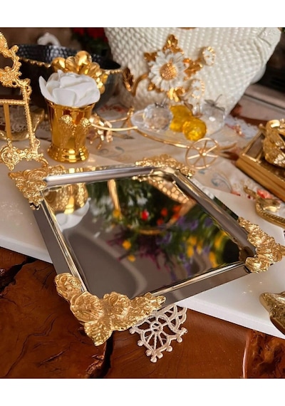 Atabey Home Collection 6'lı Kahve & Çay & Sunum Tepsisi Metal Döküm Gül Model