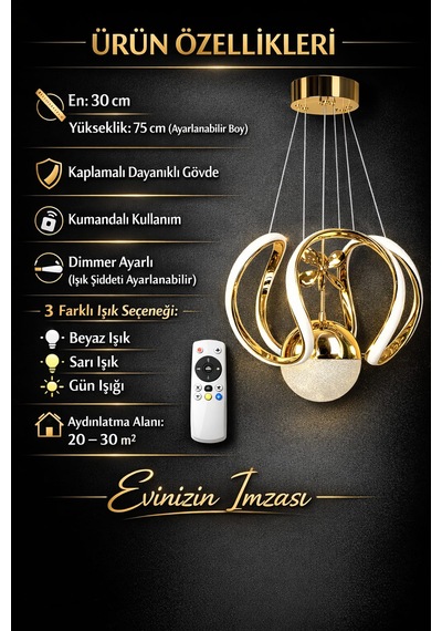 Riko Tek Toplu Led Avize 3 Renk Led Isıklı Kumandalı Modern Avize Salon Avize Gold