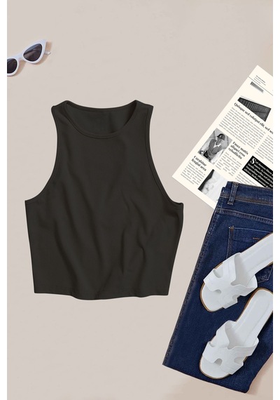 Merry See Tek Renk 1 Adet Kadın Kolsuz Örme Kumaş Bluz Crop Siyah