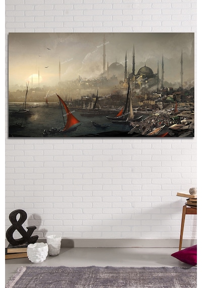 İstanbul Tarihi Yarımada Vintage Muhteşem Manzara Kanvas Tablo 175 x 80