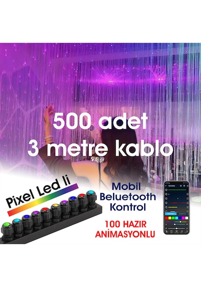 Fiber Optik Şelale, Işık Perdesi, Yağmur Dekor, 500 Adet 3mt 0.75mm Kablo + Animasyonlu Işık Kaynağı Çok Renkli