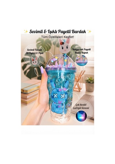 Çift Katmanlı İçecek Bardağı Led Işıklı Pipetli Kawaii Chibi Sevimli Tavşan Figürlü Suluk 450ml Mavi