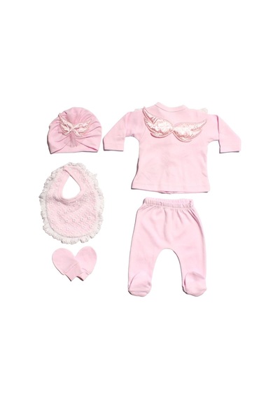 Bebegen Kız Bebek Pembe Melek Kanatlı Dantelli 5 Parça Hastane Çıkış Seti Çok Renkli