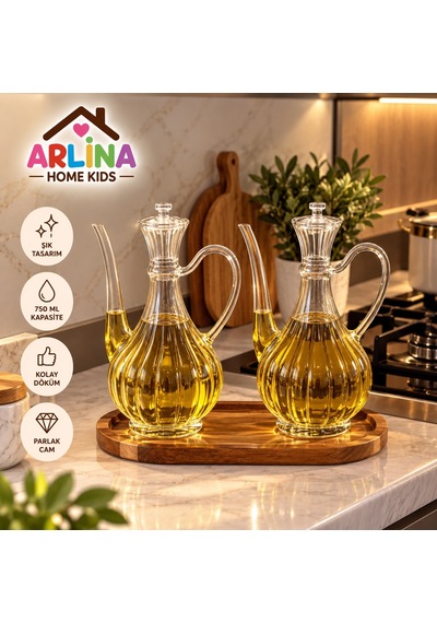 2'li 750 Ml Çizgili İbrik Model Cam Yağlık Seti-akasya Standlı