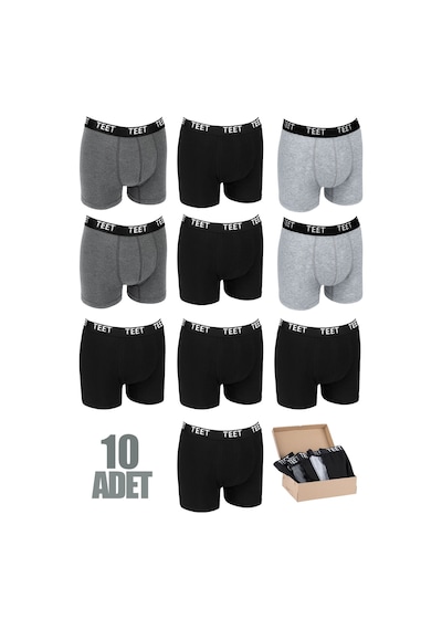 Teet Premium Erkek Boxer10'Lu Set Pamuklu Düz Renk Tam Kalıp Siyah Gri 001