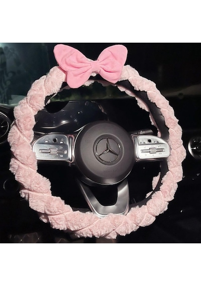 Pembe Peluş Direksiyon Kılıfı Kadınlara Özel Tüylü Direksiyon Kılıfı