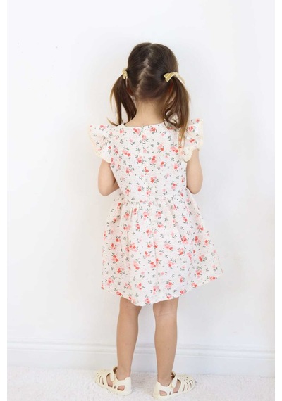 Esila Kids Kız Çocuk Elbise Bayramlık Elbise Çiçek Desenli Fiyonk Detaylı Büzgülü Kollu 3-6 Yaş Kırmızı