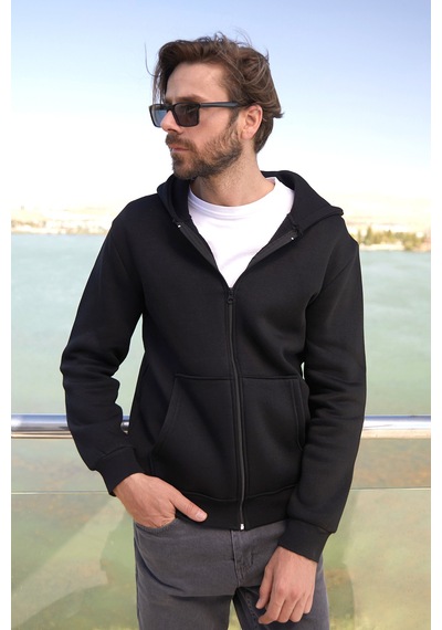Fullamoda 3 İplik Fermuarlı Kanguru Cepli Sweatshirt Siyah