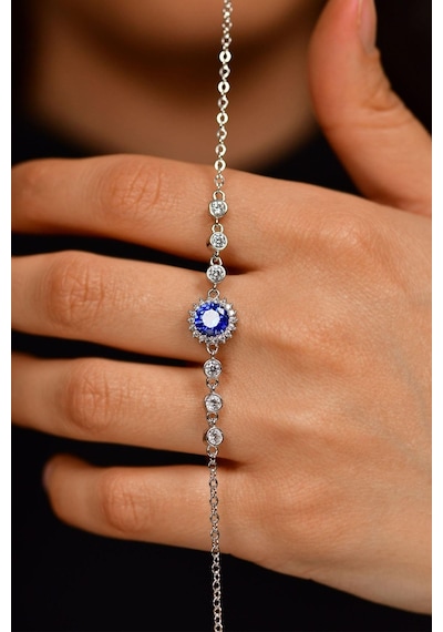 Safir Taşlı Rodyum Yuvarlak Anturaj Gümüş Bileklik B10021