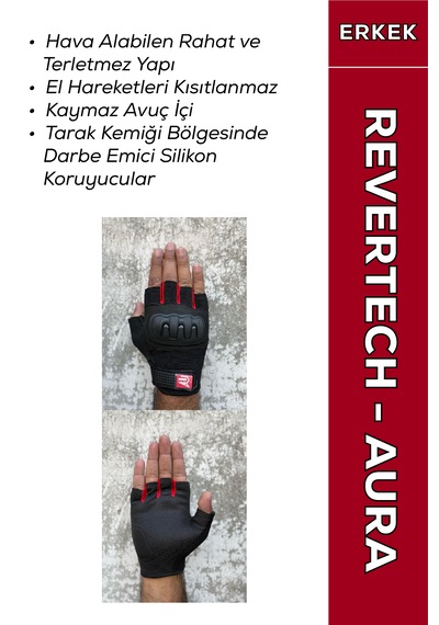 Revertech Aura Kırmızı / Yarım Parmak - Kaymaz Avuç İçi Özellikli Motosiklet Eldiveni Erkek