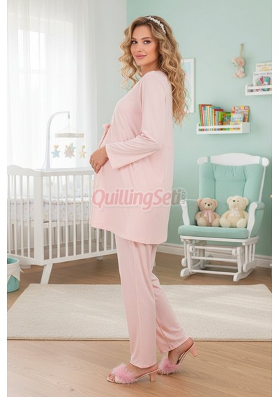 Lady Bebe Pembe Renkli, Dantel Detaylı 33209 Uzun Kol, 2 Parça Lohusa Hamile Pijama Takımı Açık Pembe