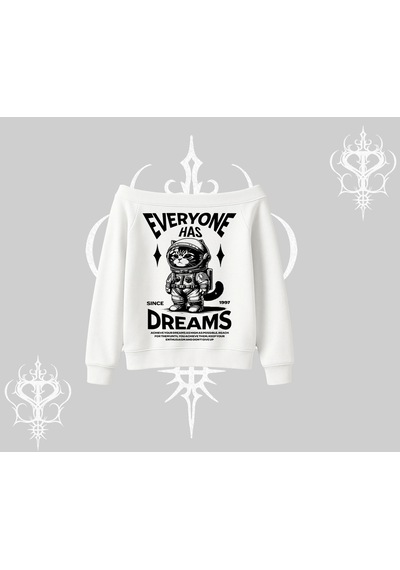 Startmore Everyone Has Dreams Yazılı Astronot Kedi Arka Baskılı Kayık Yaka Sweatshirt Beyaz