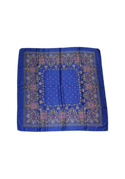 Tikitonki Etnik Çiçek Desenli Saten Lacivert Eşarp - 90x90 Lacivert Lacivert