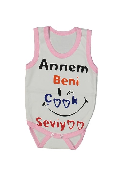 Bebegen Kız Bebek Beyaz Pembe Biyeli Annem Beni Seviyor Yazılı Askılı Zıbın