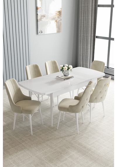 Jusie Beyaz 80x132 Açılabilir Mutfak Masası Takımı 6 Adet Sandalye Krem