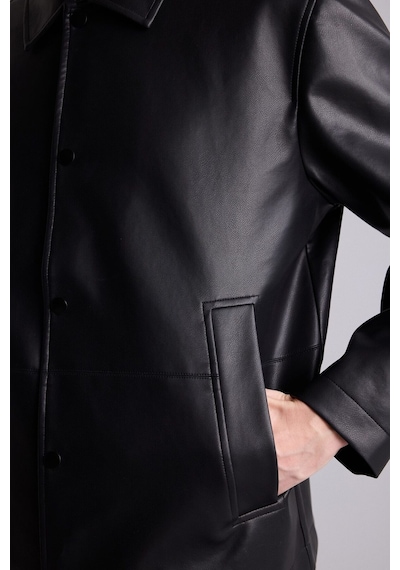 Defacto Regular Fit Polo Yaka Astarlı Çıtçıt Kapamalı Cepli Suni Deri Mont H2233ax26aubk27 Siyah-bk27