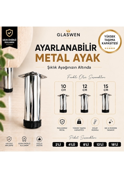 18 Adet Metal Ayarlanabilir 10 Cm Krom Destek Ayak Mobilya Kanepe Baza Koltuk Dolap Sehpa Tv Ünitesi Ayağı