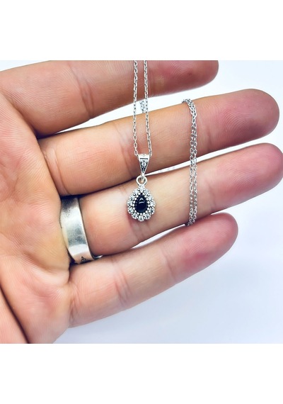Damla Model Zirkon Ve Oltu Taşı İşçilikli 925 Ayar Gümüş Kolye Siyah