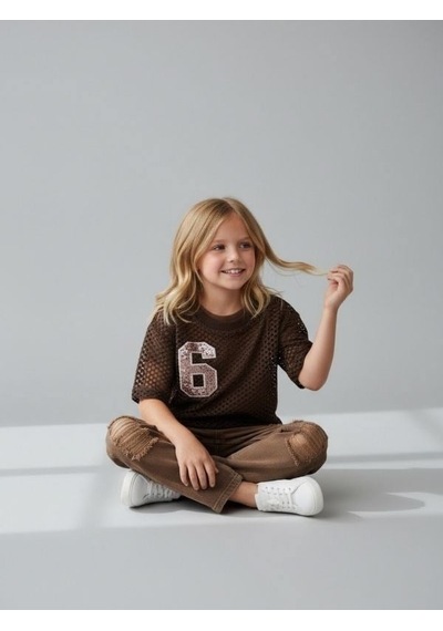 Zekids Kız Çocuk File Detaylı İç Bodyli İkili Bluz-17198 Kahverengi