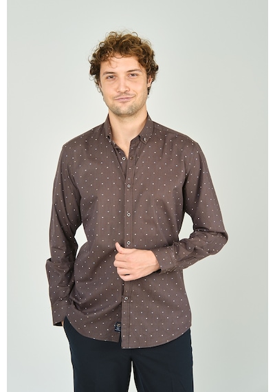 De Leone Erkek Slim Fit Desenli Uzun Kollu %100 Pamuk Gömlek 2045 Kahverengi Kahverengi