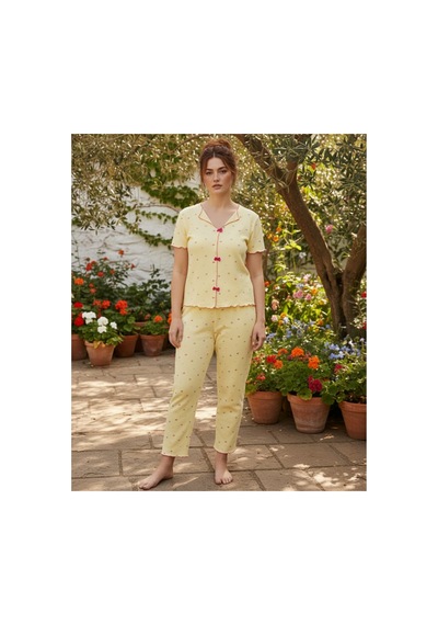 Siyah İnci Beden Fitilli Kaşkorse Örme Pijama Takım26120851 Sarı
