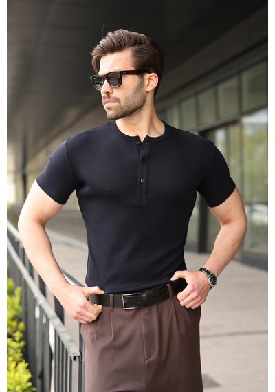 Madmext Lacivert Yarım Düğmeli Slim Fit Erkek Tişört E7186