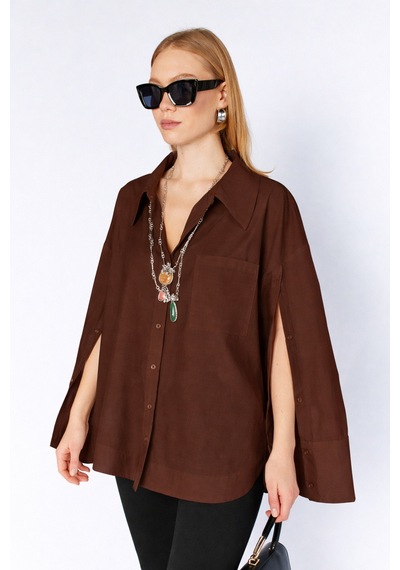 Manche Kol Detaylı Oversize Poplin Gömlek Mks1610113-1 - Kahve