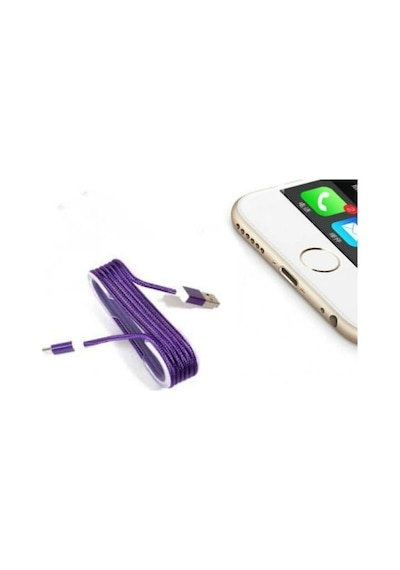 iPhone Uyumlu Örgü Şeklinde Renkli Çelik Şarj Data Kablosu - Mor Sarı