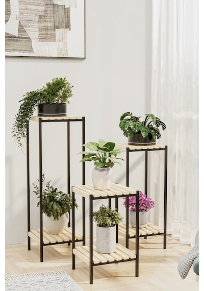 Bino Saksılık 3 Lü Set Ahşap Çiçeklik Dekoratif Lüks Bahçe Mobilyası Saksı Standı Bahçe Balkon Rafı