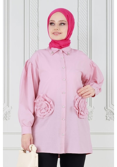 Sevitli Önü Gül Detaylı Tunik-pembe-3635-pembe Pembe