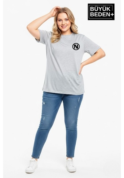 Superlife Kadın Büyük Beden N Baskılı 3xl-6xl Bisiklet Yaka Tshırt Spr26btsk510-19 Gri