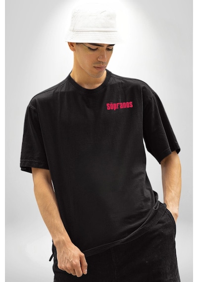 The Sopranos Siyah Oversize Unisex Ön Sol Yan Minimal Baskılı Tişört Koyu Siyah