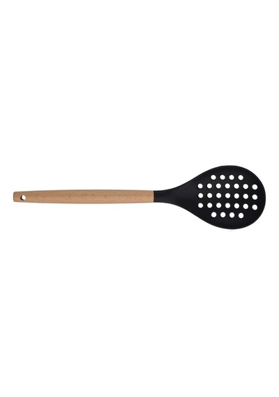 Bambu Saplı Silikon Kevgir 32 Cm Siyah Isıya Dayanıklı Delikli Servis Kevgiri Silikon Diğer