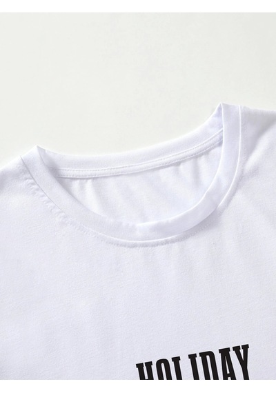 Unisex Örme Oversize Holiday Basklı Beyaz T-shirt. Beyaz