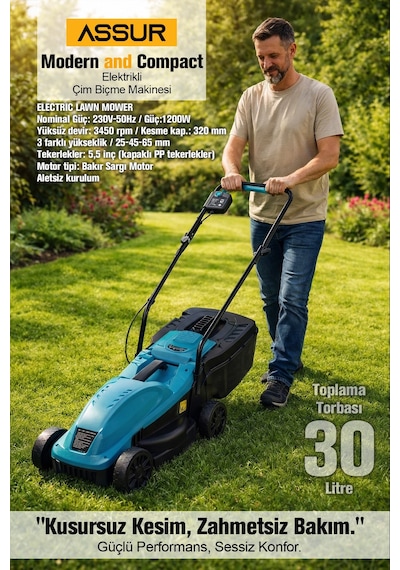 Assur 3105 1200W 30 L Toplama Torbalı Elektrikli Çim Biçme Makinesi