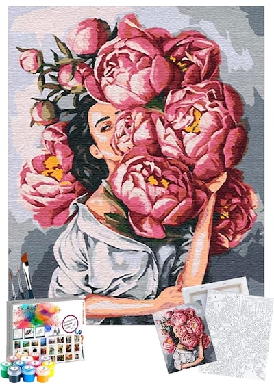 Sayılarla Boyama Seti 40 x 50 CM Tuval Şasesine Gerili Çiçekli Kadın