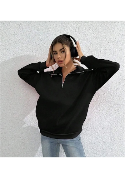 Mbb E-ticaret Kadın 3 İplik Pamuklu Uzun Kol Yarım Farmuarlı Yakalı Sweatshirt - Siyah
