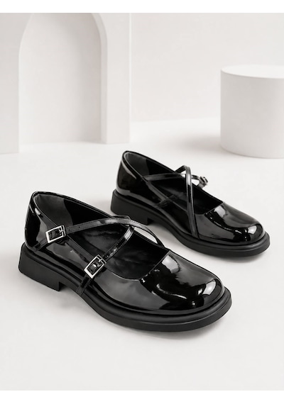 Dabab Shoes Marsel Kadın Siyah Rugan Çapraz Bantlı Tokalı 2 Cm Kalın Taban Mary Jane Ayakkabı