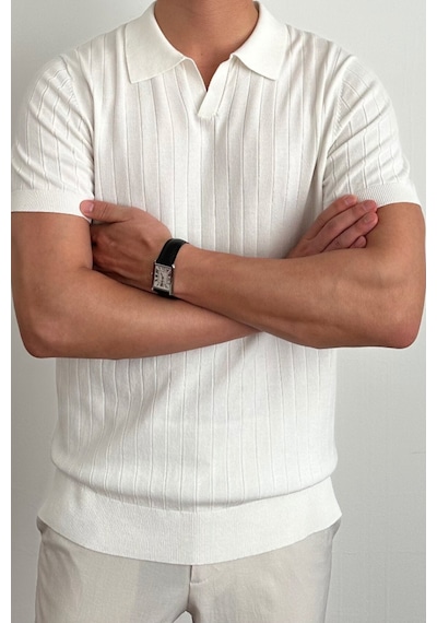 Cool Tarz Erkek Slim Fit Fitilli Polo Yaka Triko T-shirt Beyaz Beyaz