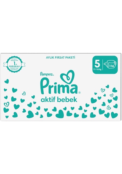 Prima Aktif Bebek 5 Beden Junior Bebek Bezi Aylık Fırsat Paketi 116 Adet