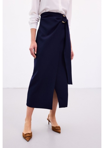 Sateen Aksesuar Kuşaklı Yırtmaçlı Etek - Lacivert-136889 Lacivert